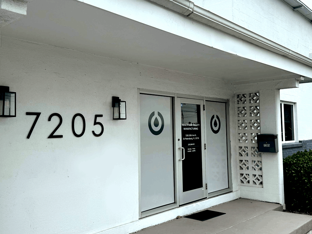 Front entrance of Health and Beauty Manufacturing facility in St. Petersburg, Florida