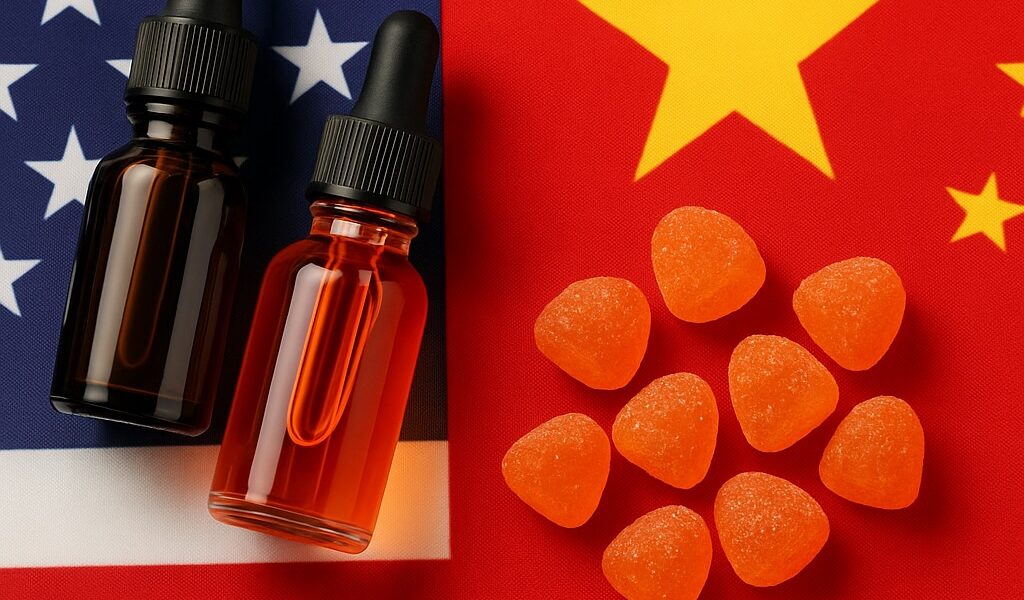 Functional gummies and liquid tincture supplements representing U.S. vs. overseas manufacturing options in health product production