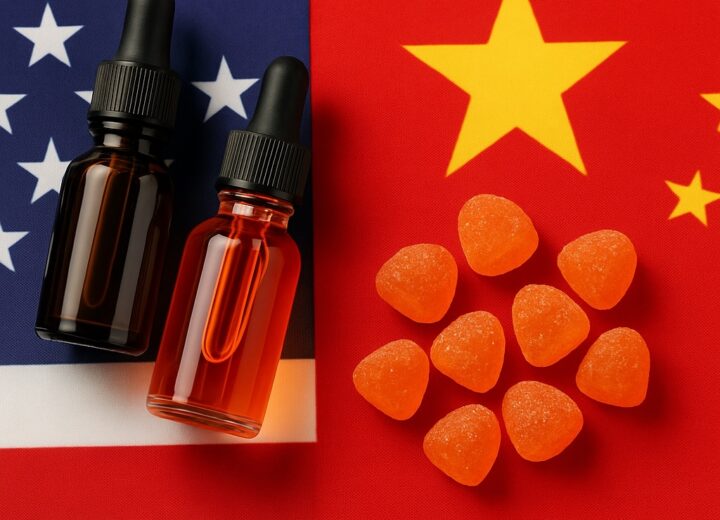 Functional gummies and liquid tincture supplements representing U.S. vs. overseas manufacturing options in health product production