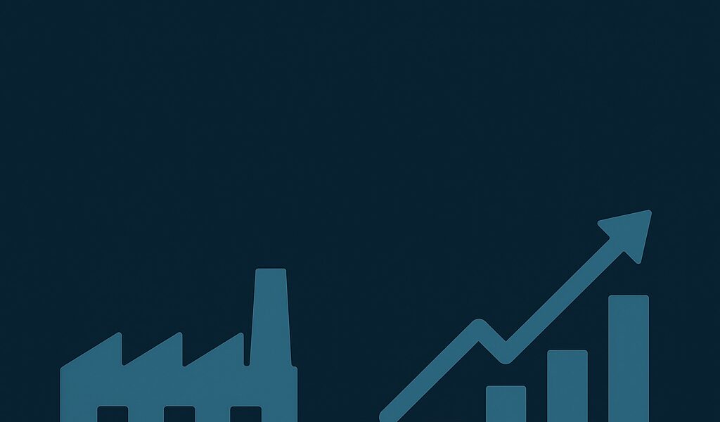 A minimalist dark blue graphic showing a factory icon and a rising bar chart with an upward arrow, symbolizing manufacturing scale and business growth