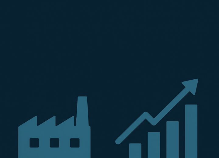 A minimalist dark blue graphic showing a factory icon and a rising bar chart with an upward arrow, symbolizing manufacturing scale and business growth
