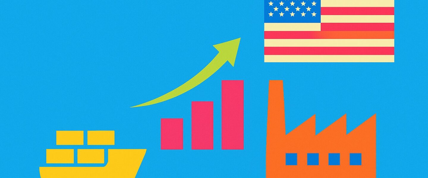 Colorful vector illustration showing a cargo ship, bar chart with an upward arrow, an American flag, and a factory — representing U.S. manufacturing and supply chain growth.