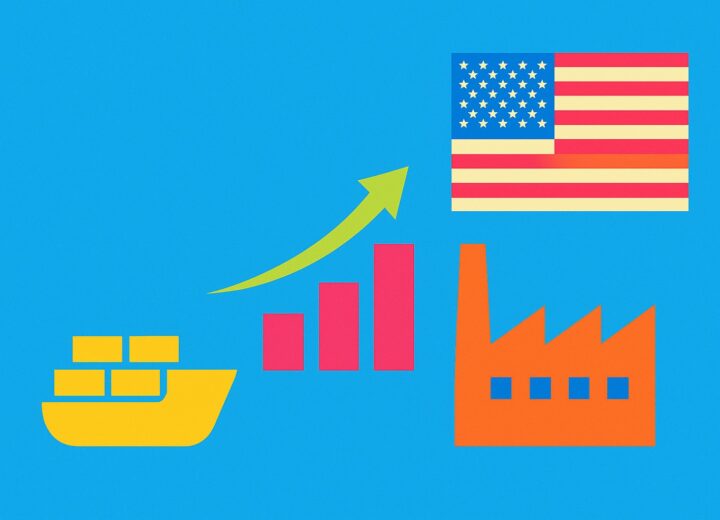 Colorful vector illustration showing a cargo ship, bar chart with an upward arrow, an American flag, and a factory — representing U.S. manufacturing and supply chain growth.