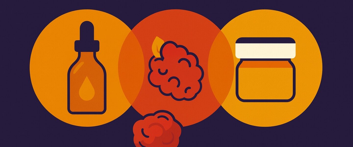 Flat-style digital illustration with a dark background showing a dropper bottle, a gummy, and a cosmetic cream jar in overlapping circles — symbolizing integration of nutraceuticals and cosmetics.