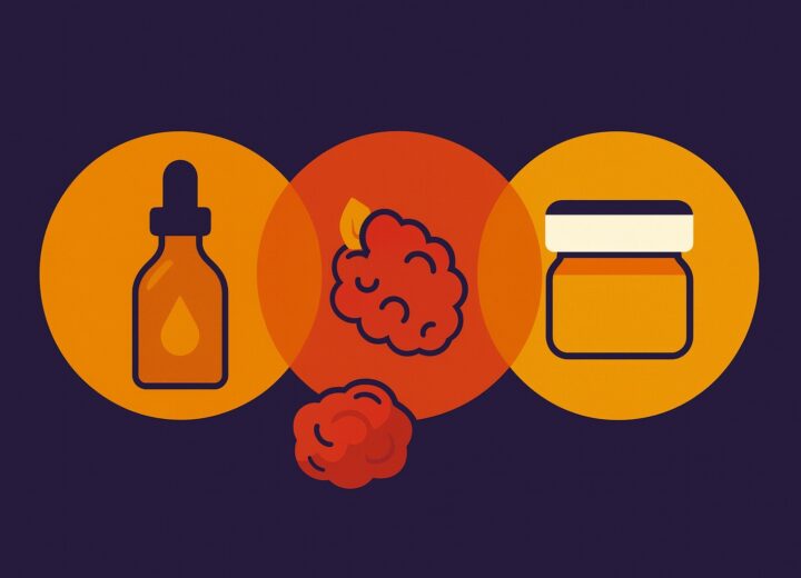 Flat-style digital illustration with a dark background showing a dropper bottle, a gummy, and a cosmetic cream jar in overlapping circles — symbolizing integration of nutraceuticals and cosmetics.