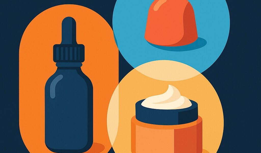 Flat-style illustration showing a dropper bottle, a gummy vitamin, and a cosmetic cream jar in overlapping circles, symbolizing multi-dosage manufacturing.