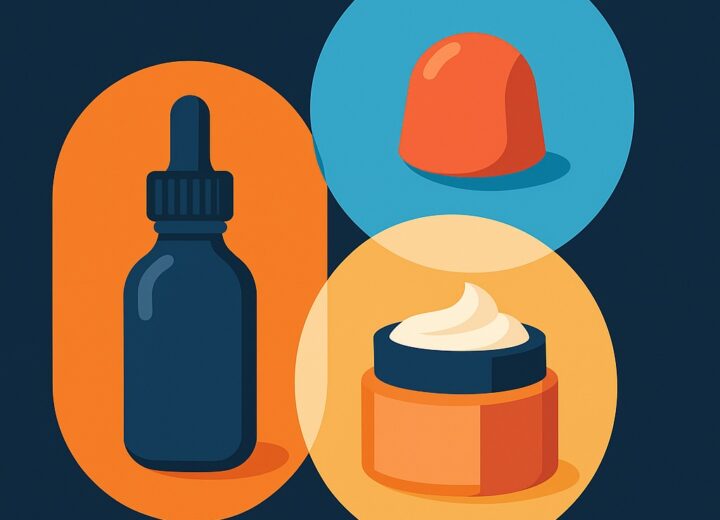Flat-style illustration showing a dropper bottle, a gummy vitamin, and a cosmetic cream jar in overlapping circles, symbolizing multi-dosage manufacturing.