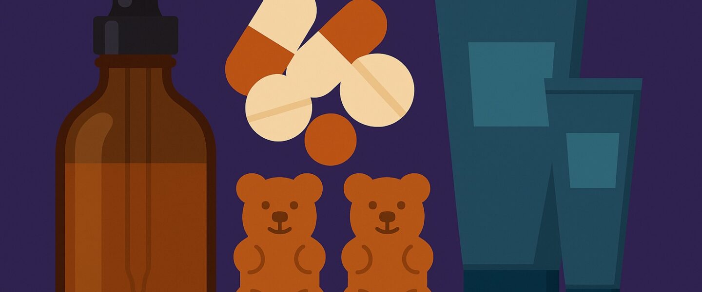 Flat-style illustration with a dark background showing capsules, gummy bears, a dropper bottle, and cosmetic cream tubes — symbolizing scaling in health and beauty manufacturing.