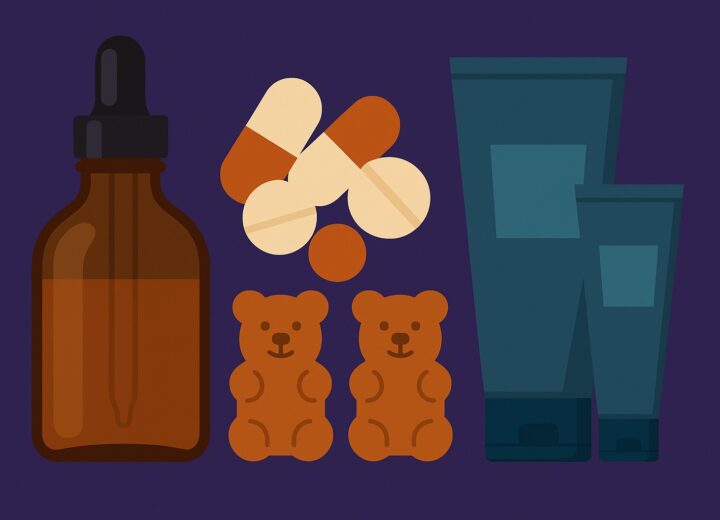 Flat-style illustration with a dark background showing capsules, gummy bears, a dropper bottle, and cosmetic cream tubes — symbolizing scaling in health and beauty manufacturing.