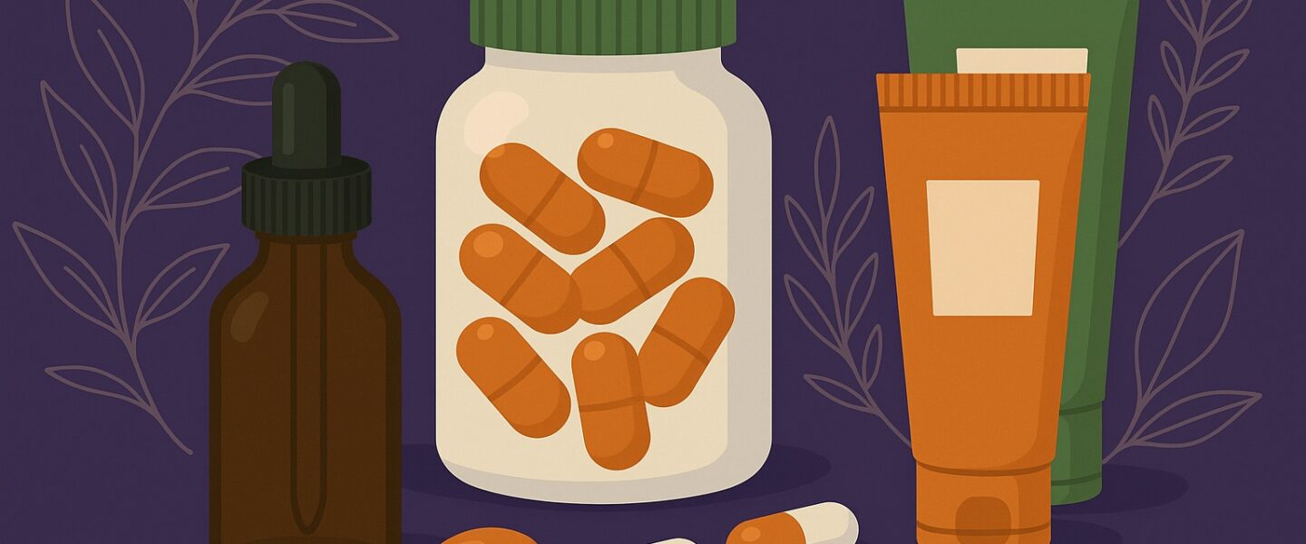 Flat-style digital illustration on a dark background showing nutraceutical and cosmetic products — capsules, gummies, a liquid dropper bottle, and cosmetic tubes — symbolizing clean-label manufacturing.