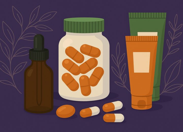 Flat-style digital illustration on a dark background showing nutraceutical and cosmetic products — capsules, gummies, a liquid dropper bottle, and cosmetic tubes — symbolizing clean-label manufacturing.