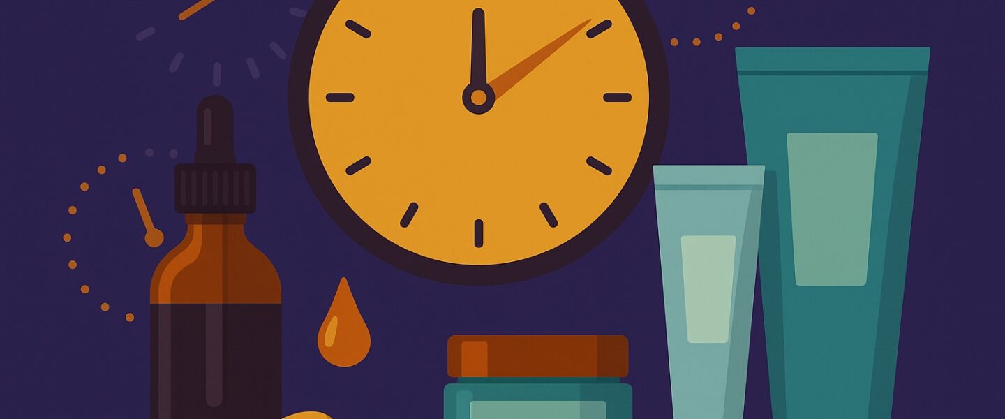 Flat-style digital illustration showing a large clock with nutraceutical and cosmetic products — including a dropper bottle, capsules, a cream jar, and cosmetic tubes — symbolizing ultra-rapid product launch manufacturing.