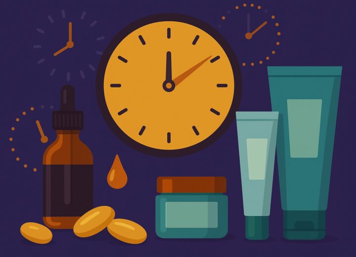 Flat-style digital illustration showing a large clock with nutraceutical and cosmetic products — including a dropper bottle, capsules, a cream jar, and cosmetic tubes — symbolizing ultra-rapid product launch manufacturing.