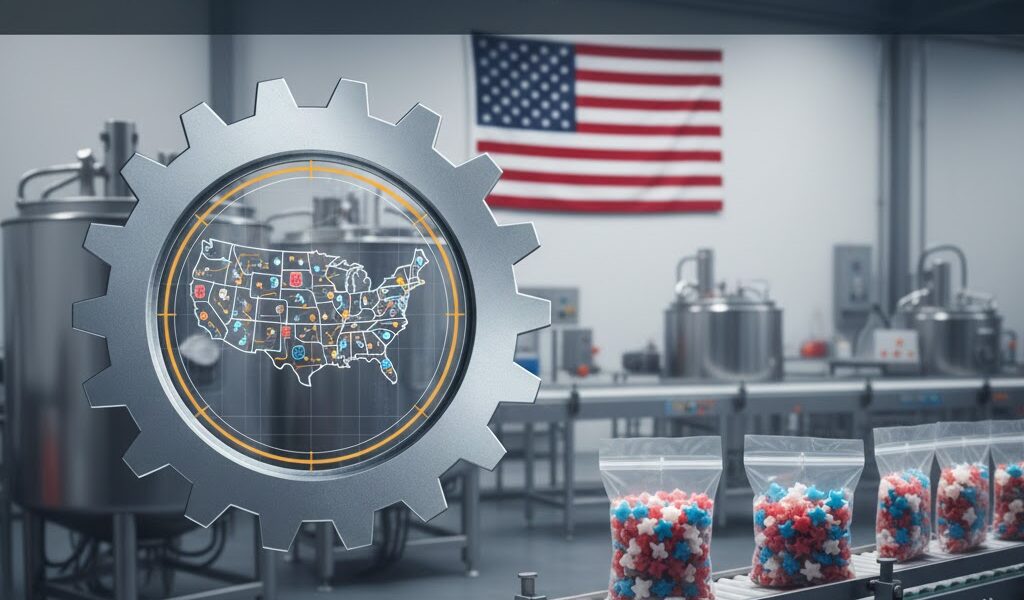 Dark-themed illustration representing domestic manufacturing control in health and beauty, symbolizing speed, reliability, and operational oversight.