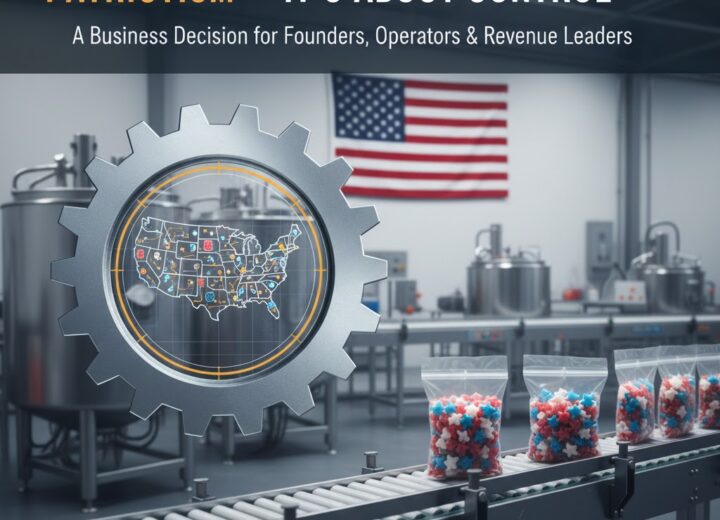 Dark-themed illustration representing domestic manufacturing control in health and beauty, symbolizing speed, reliability, and operational oversight.