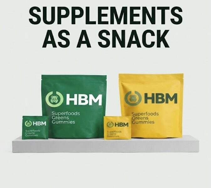 Snack-pack gummy supplements in single-serve sachets and multi-count bags, illustrating the trend of supplements as snacks.