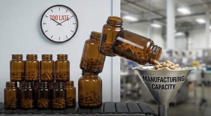 Bottled supplements moving through a manufacturing line with a funnel labeled manufacturing capacity, illustrating how supplement brands misjudge production capacity.