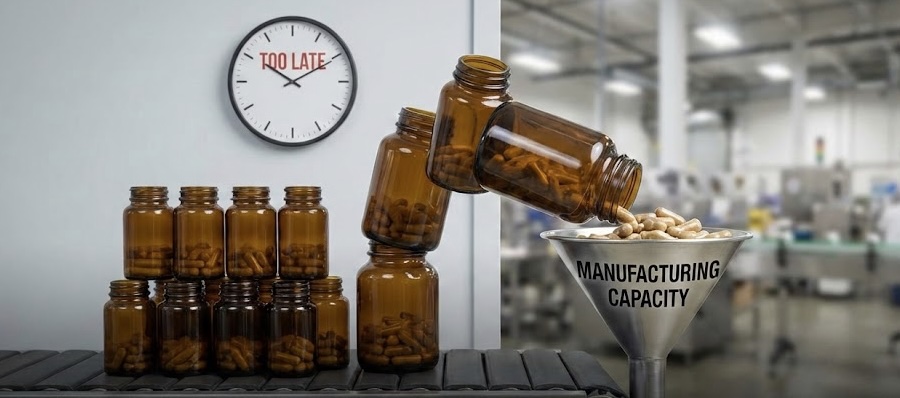 Bottled supplements moving through a manufacturing line with a funnel labeled manufacturing capacity, illustrating how supplement brands misjudge production capacity.
