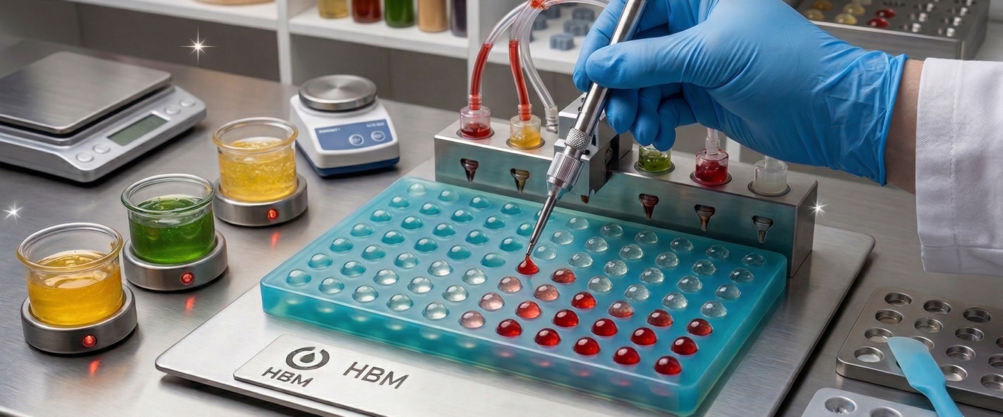 A laboratory setting shows a close-up of a process where small, red, domed nutraceutical gummies are deposited from a precise depositing machine with colored liquids in beakers into a transparent blue silicone mold. Multiple beakers containing different colored gummy base liquids (yellow, green) are heated on small stir-plates and the machine base features.