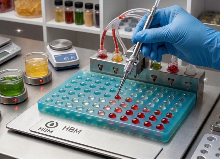 A laboratory setting shows a close-up of a process where small, red, domed nutraceutical gummies are deposited from a precise depositing machine with colored liquids in beakers into a transparent blue silicone mold. Multiple beakers containing different colored gummy base liquids (yellow, green) are heated on small stir-plates and the machine base features.