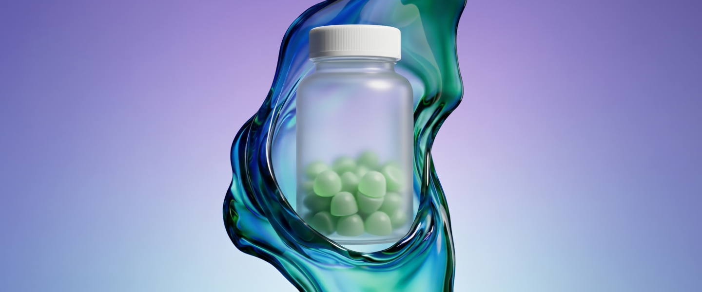 An illustrative photograph shows a central clear glass jar with a white screw cap, filled with small, light green, dome shaped gummies. Provides clarity on gummy supplements benefits.