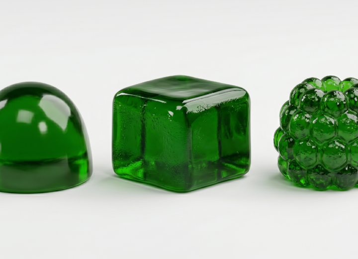 A high-resolution photograph of three translucent green jelly gummies. From left to right: a smooth dome, a textured cube and a raspberry shape, arranged in a line on a plain white surface.