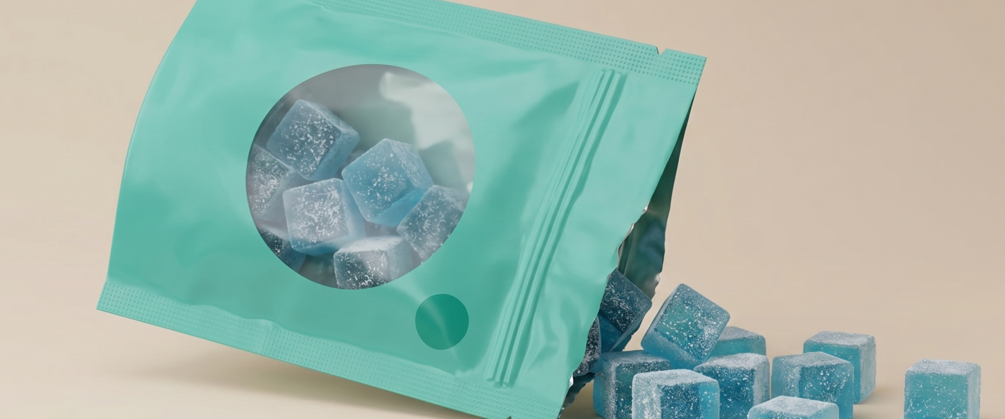 A high-quality, 1200 x 628 pixel featured image of an ocean green sachet fallen on its side, with translucent blue cube-shaped gummies spilling out onto a neutral beige background. The gummies are lightly dusted with white powder, and the sachet features a clear circular window showcasing the contents and represents the gummy manufacturing margins.