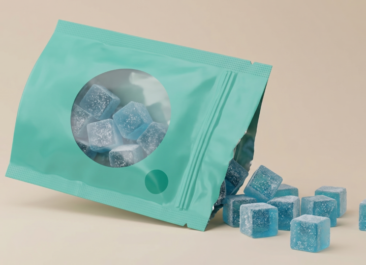 A high-quality, 1200 x 628 pixel featured image of an ocean green sachet fallen on its side, with translucent blue cube-shaped gummies spilling out onto a neutral beige background. The gummies are lightly dusted with white powder, and the sachet features a clear circular window showcasing the contents and represents the gummy manufacturing margins.