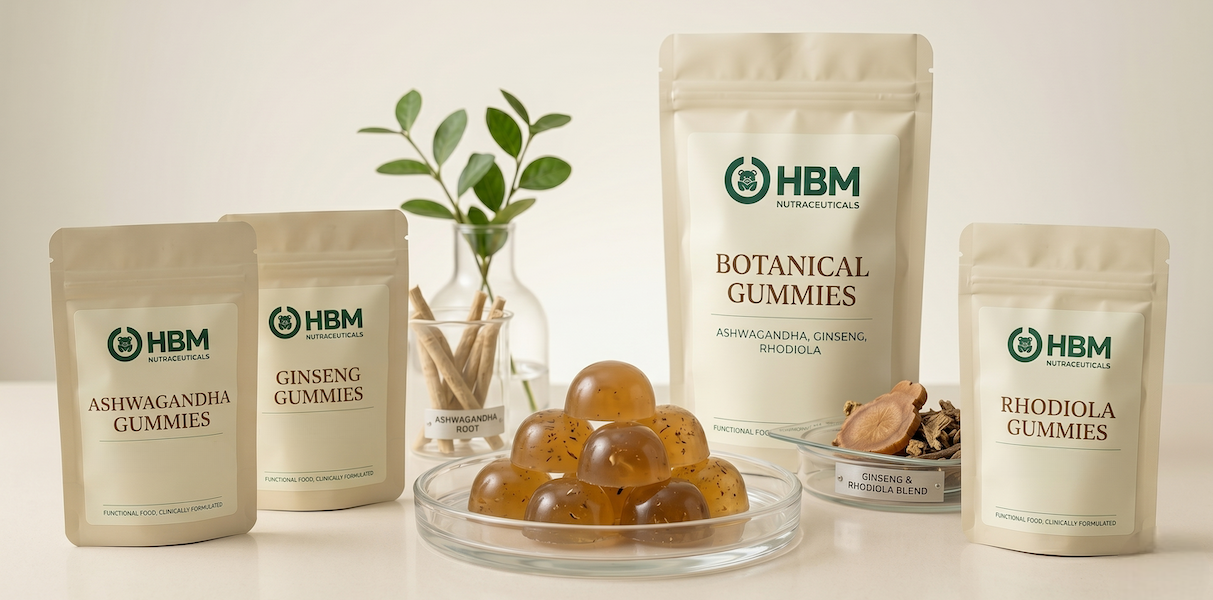 Adaptogens in nutraceutical gummies manufactured with botanical extracts for stress, focus and antioxidant support.