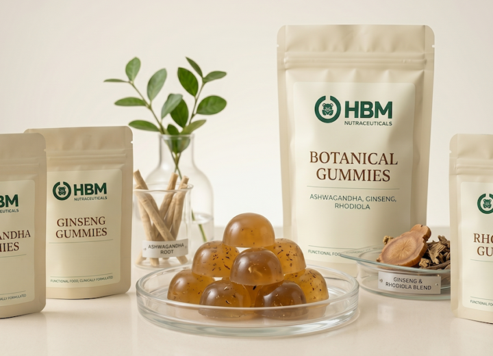 Adaptogens in nutraceutical gummies manufactured with botanical extracts for stress, focus and antioxidant support.