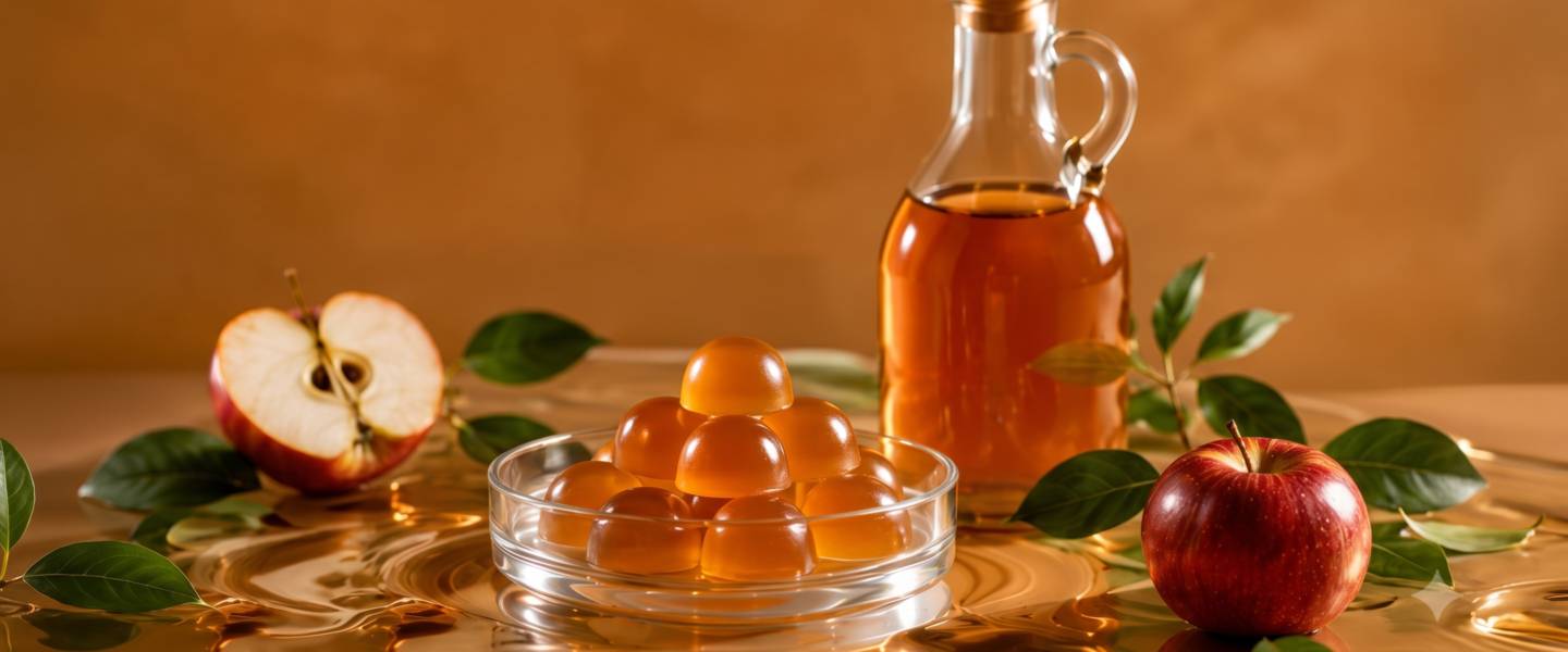 Apple cider vinegar gummies in a petri dish beside a pitcher of apple cider vinegar and fresh red apples on a brown table with a studio background