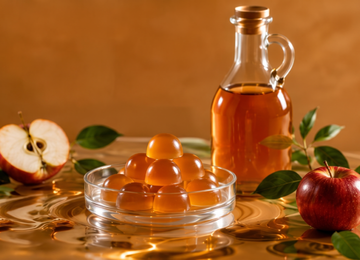 Apple cider vinegar gummies in a petri dish beside a pitcher of apple cider vinegar and fresh red apples on a brown table with a studio background