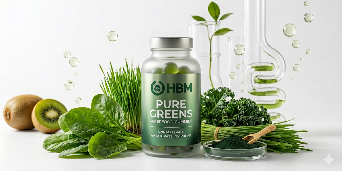 Greens gummies bottle with nutrient-rich ingredients