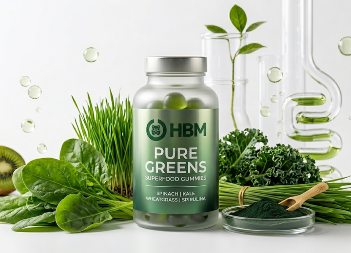 Greens gummies bottle with nutrient-rich ingredients