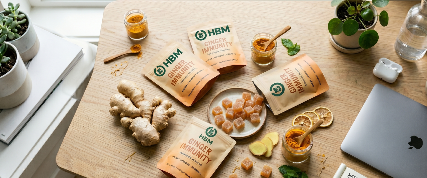 Ginger gummies in convenient snack-pack packaging representing the growing functional snack and wellness supplement market.