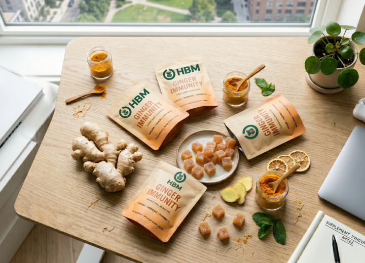 Ginger gummies in convenient snack-pack packaging representing the growing functional snack and wellness supplement market.