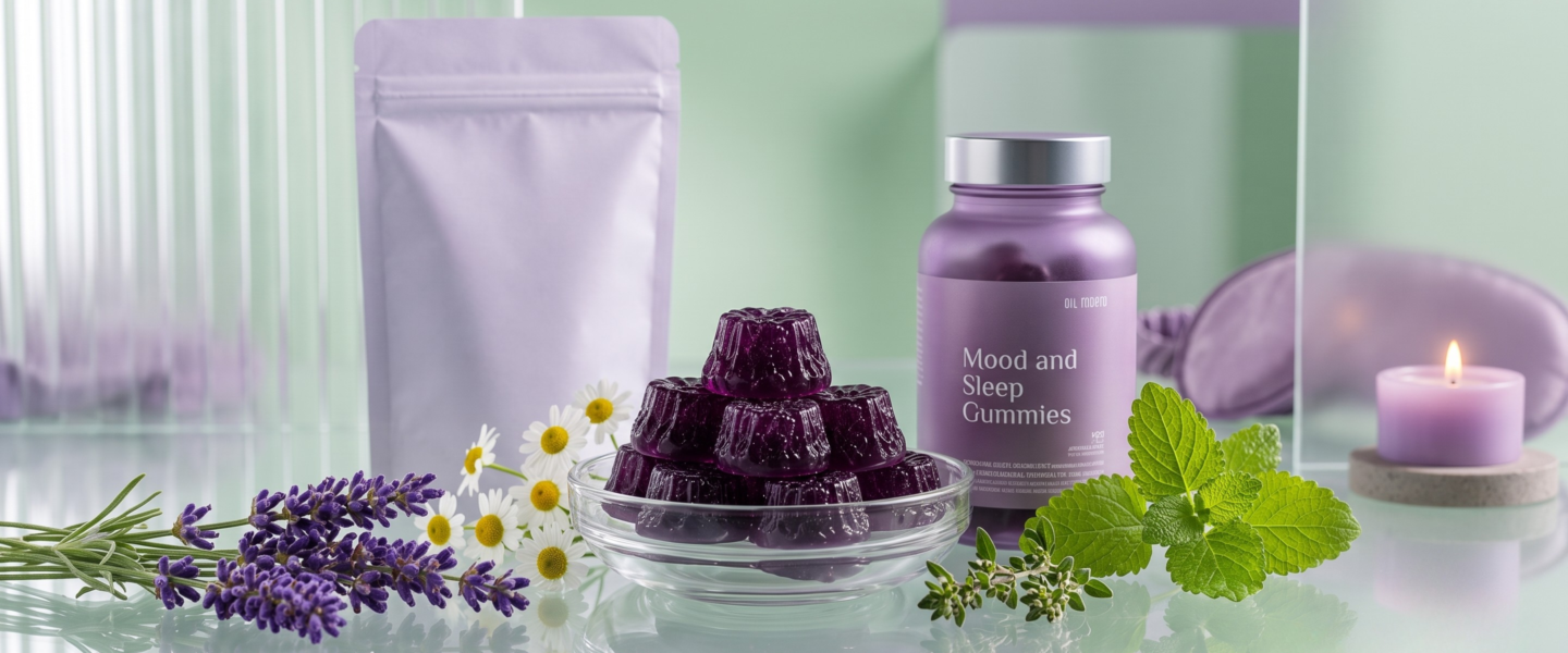 Mood and sleep gummies with botanical ingredients used in custom nutraceutical formulation.