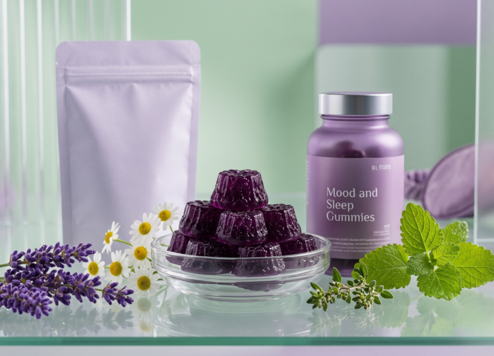 Mood and sleep gummies with botanical ingredients used in custom nutraceutical formulation.