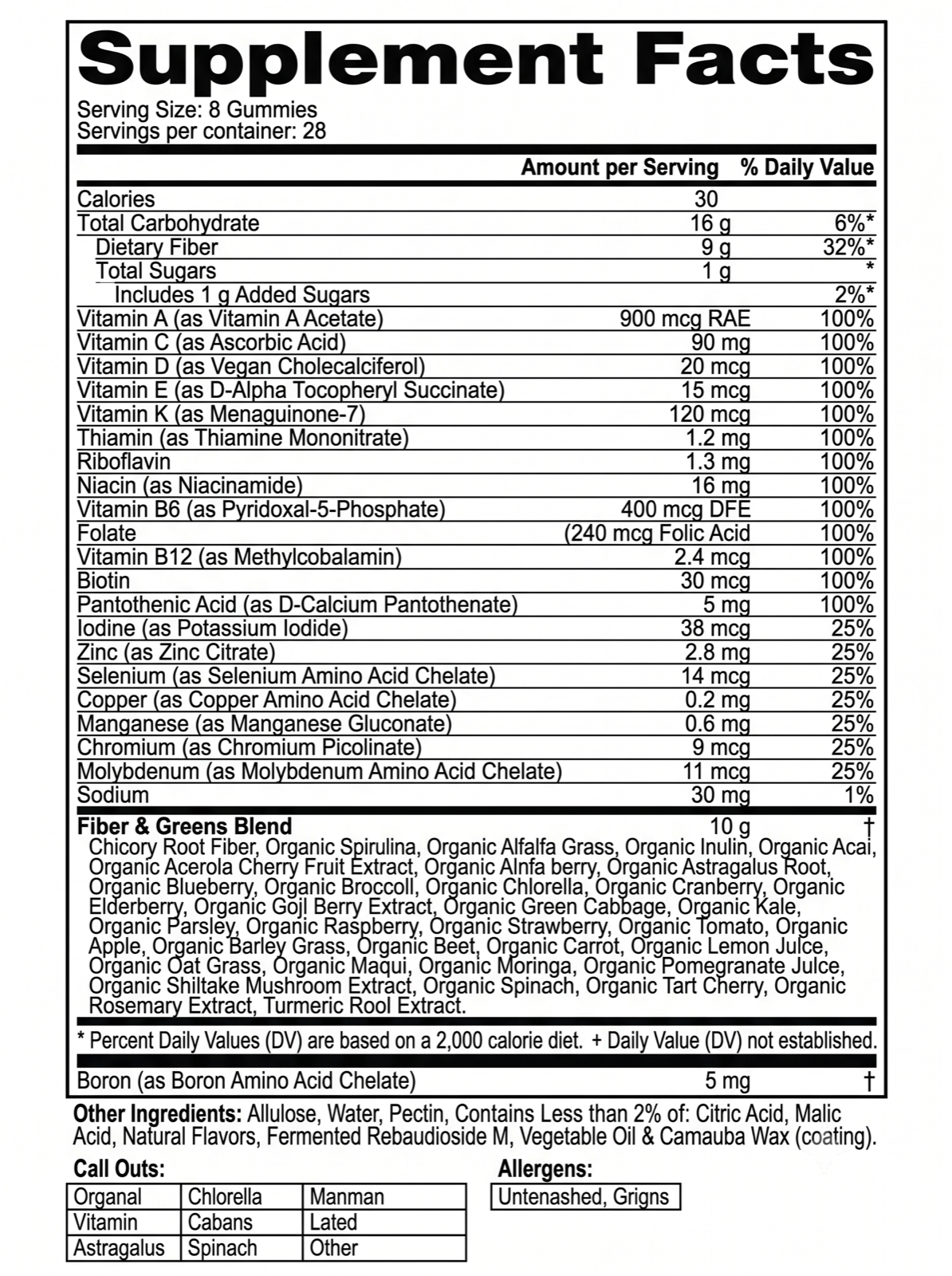Daily Greens Gummies supplement facts