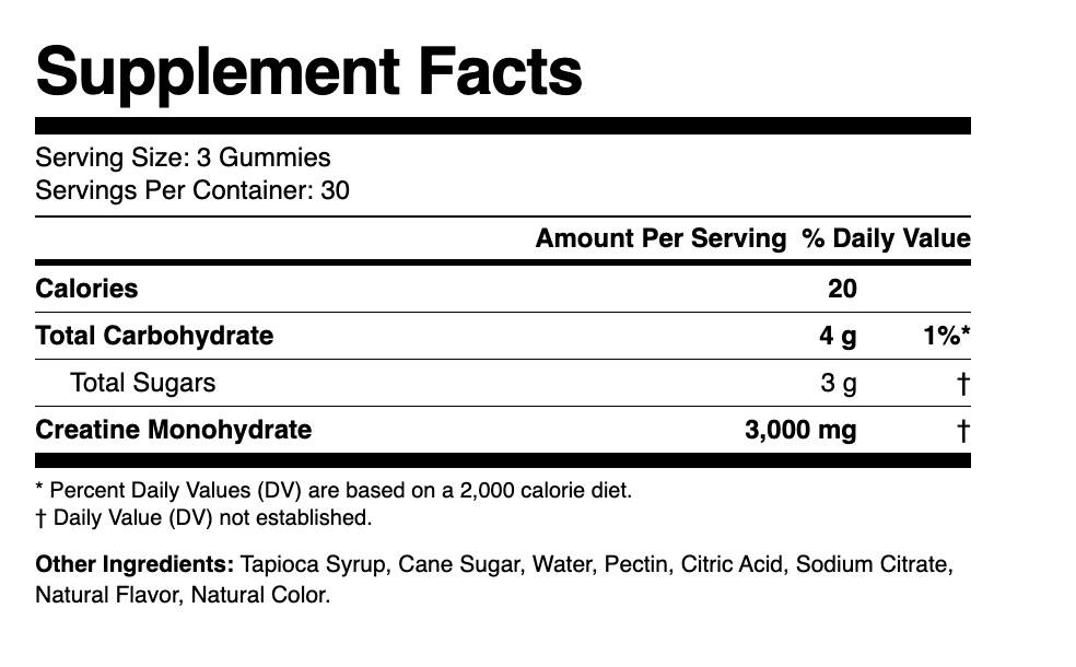 Creatine Gummies ,  1,000mg per gummy ,  Strawberry (Sugar) supplement facts