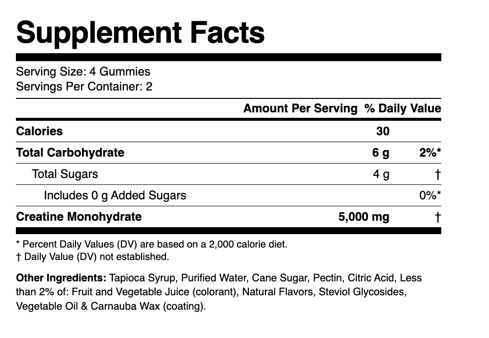 Creatine Gummies ,  1,250mg per gummy ,  Strawberry (Sugar) supplement facts