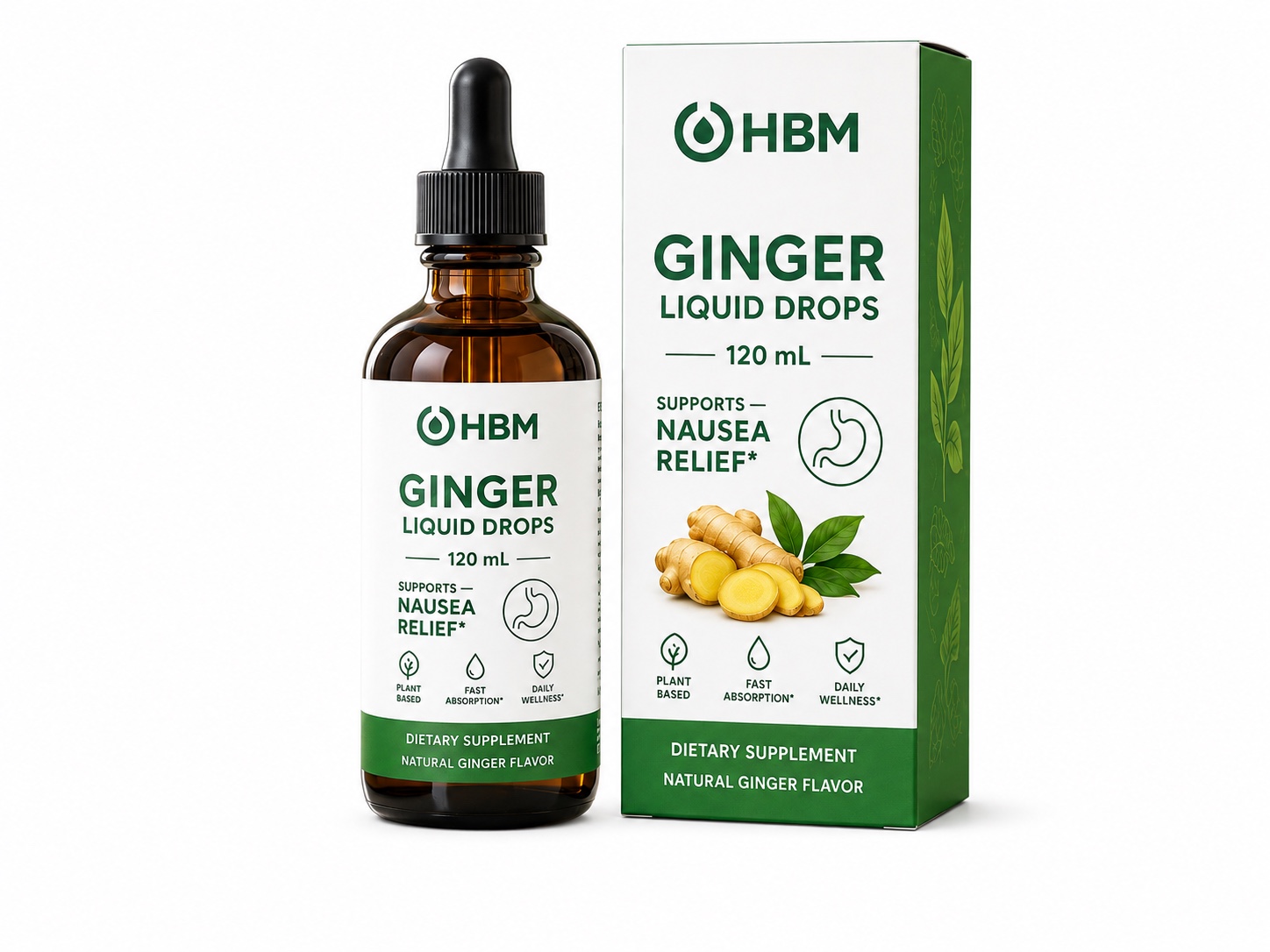HBM Ginger Drops bottle and carton