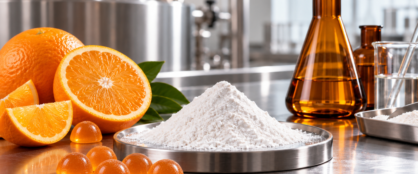 Fine white vitamin C powder with sliced citrus, amber laboratory glassware and stainless-steel supplement manufacturing equipment.