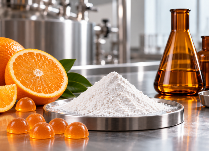 Fine white vitamin C powder with sliced citrus, amber laboratory glassware and stainless-steel supplement manufacturing equipment.