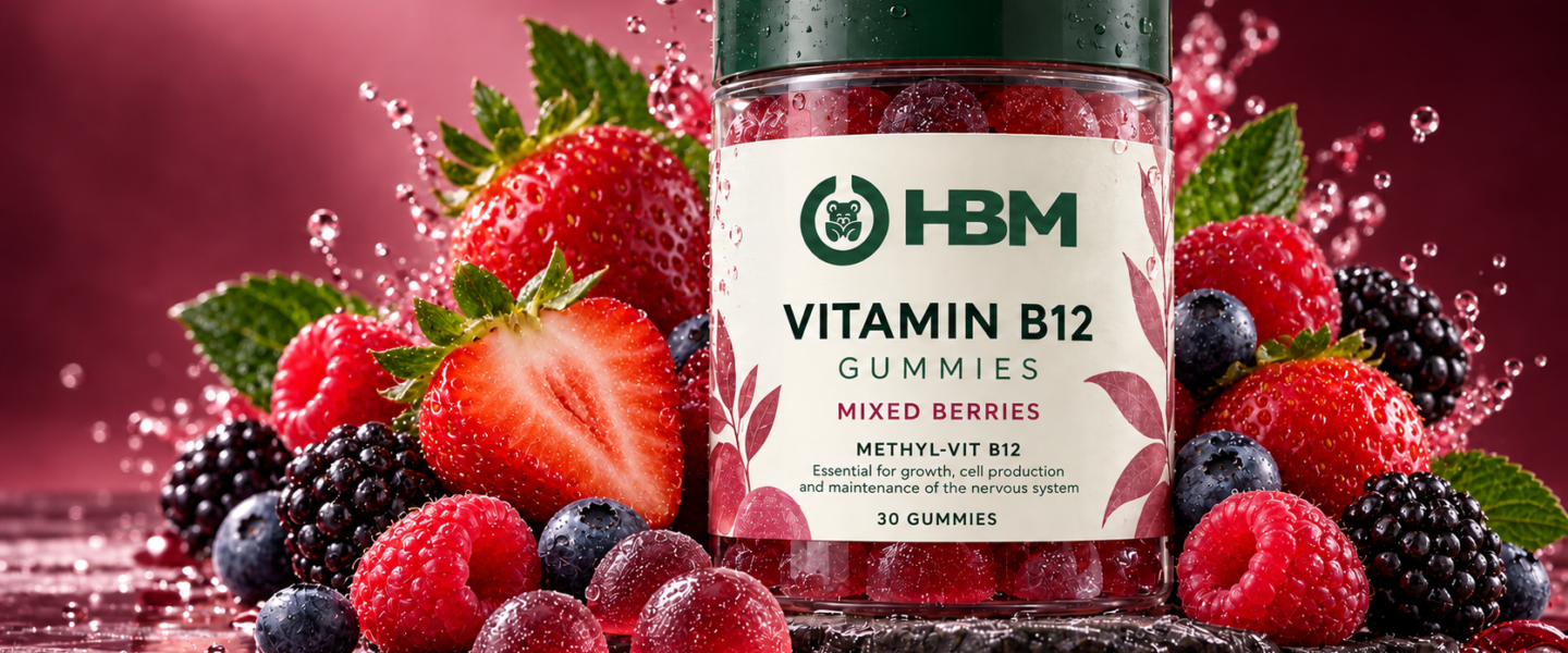 Vitamin B12 supplement manufacturing concept with gummy and liquid formats. Mixed Berries Flavour.