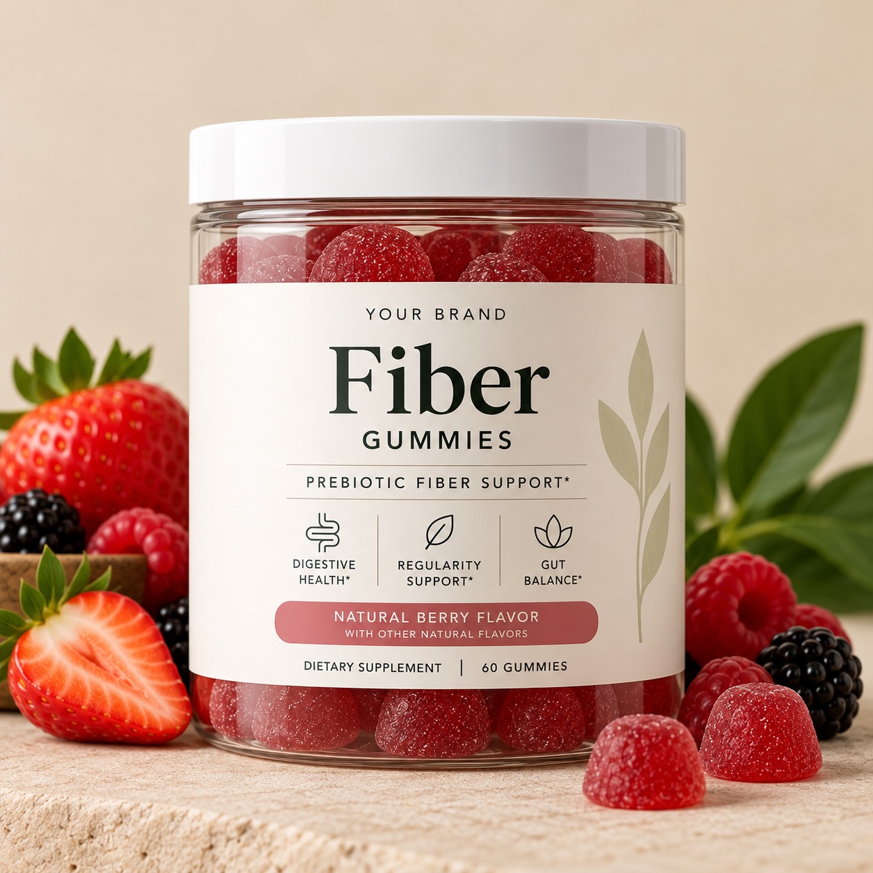 HBM Fiber Gummies, 60 count clear PET jar, red gummies with chicory root fiber