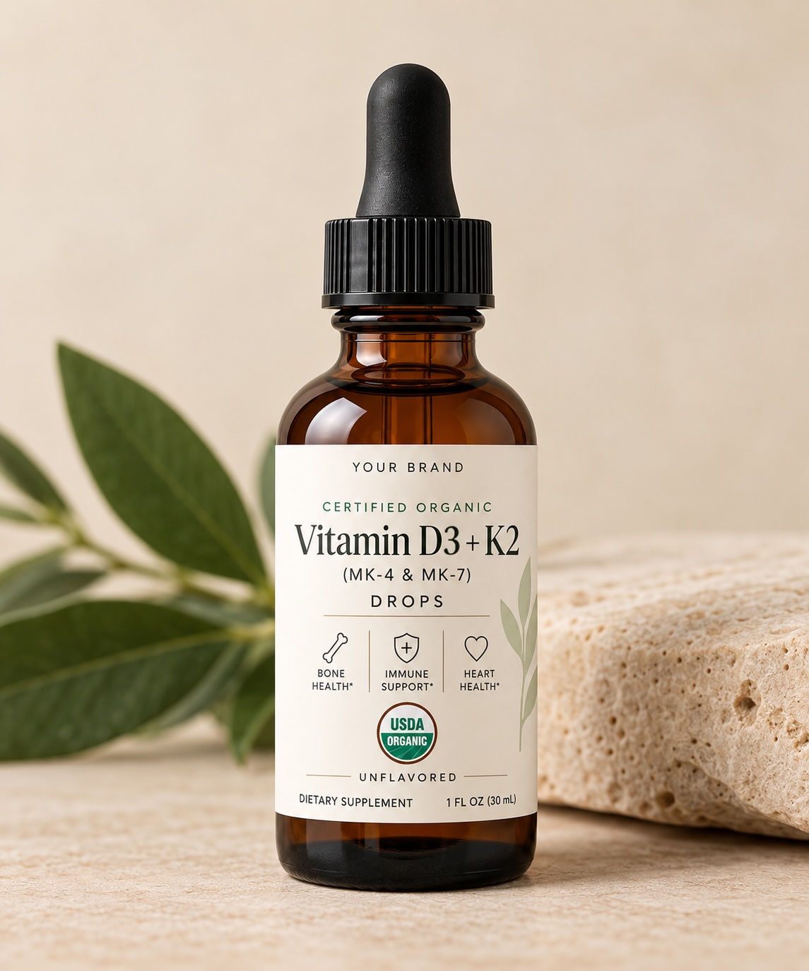 HBM certified organic Vitamin D3 and K2 drops, product hero