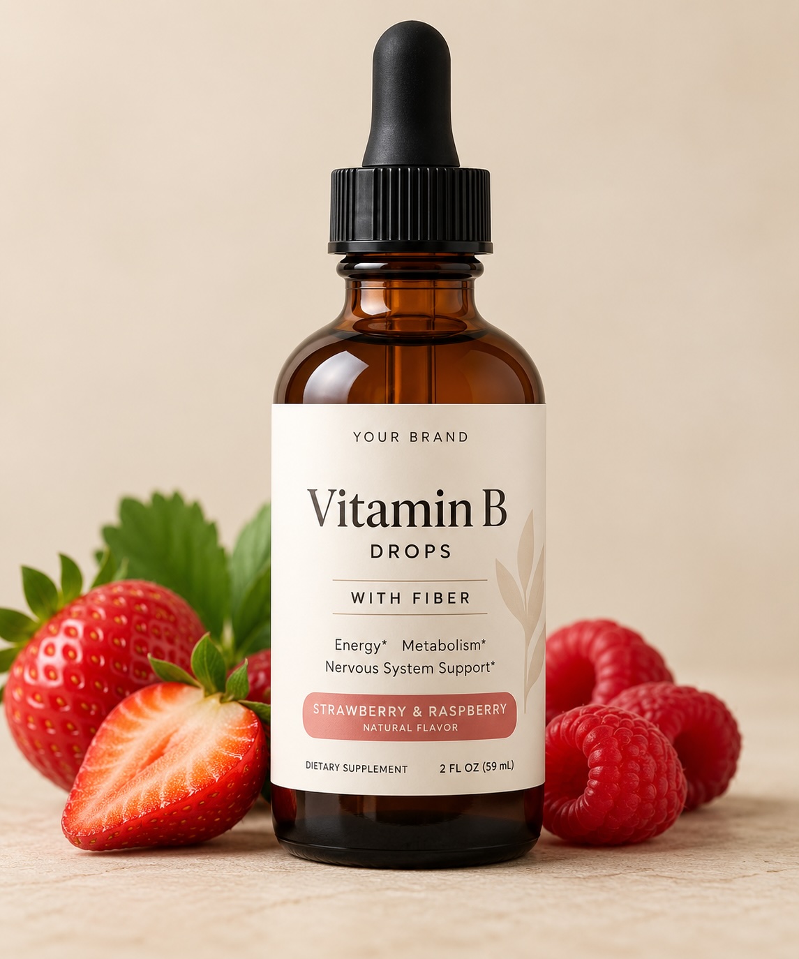 HBM Vitamin B12 and B6 Drops, 2 oz amber glass Boston round with dropper, strawberry and raspberry