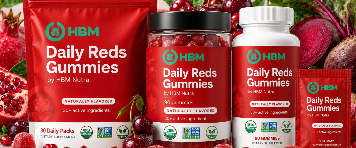 HBM Daily Reds Gummies gusset with pomegranate, cherries, berries and red gummies flavours
