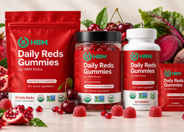 HBM Daily Reds Gummies gusset with pomegranate, cherries, berries and red gummies flavours